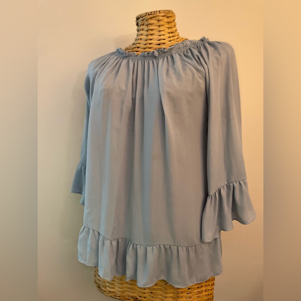 Womens light blue blouse, Size Med, ruffle details